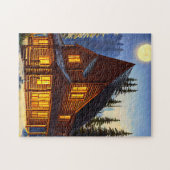 森の中のログキャビン雪の風景アート ジグソーパズル (横)