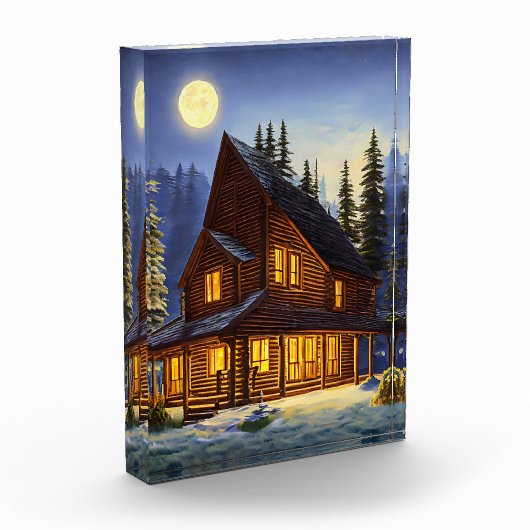 森の中のログキャビン雪の風景アート フォトブロック (左)