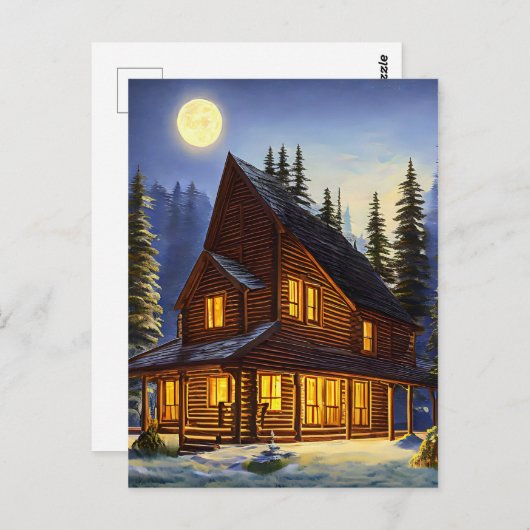 森の中のログキャビン雪の風景アート ポストカード