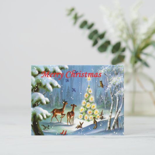 森の中のヴィンテージのクリスマスの動物ポストカード シーズンポストカード (スタンド正面)