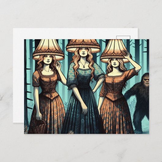 森の中の人でランプシェードの帽子とビッグフット ポストカード (正面/裏面)