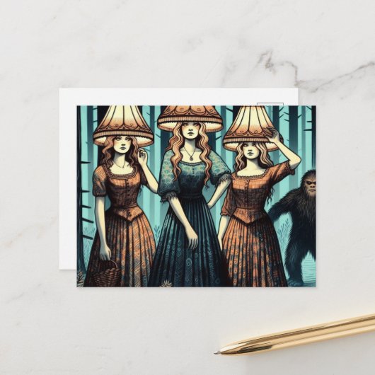 森の中の人でランプシェードの帽子とビッグフット ポストカード (正面/裏面インサイチュ)