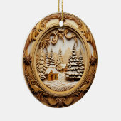 森の中の冬のキャビンを見る3D木材 セラミックオーナメント (右)