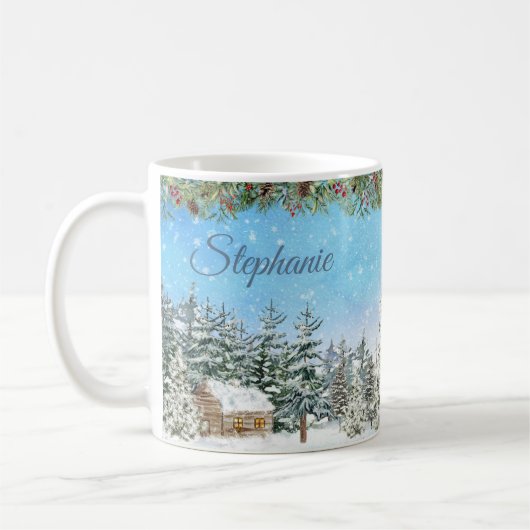 森の中の冬のキャビンパーソナライズされたクリスマス コーヒーマグカップ (左)