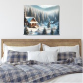 森の中の冬の小屋 キャンバスプリント (インサイチュ (寝室))