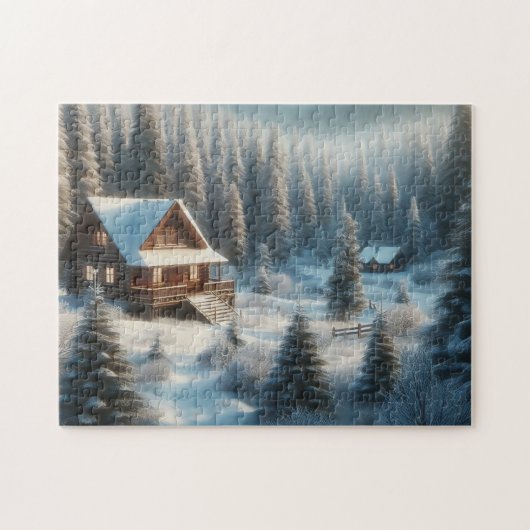森の中の冬の小屋 ジグソーパズル (横)