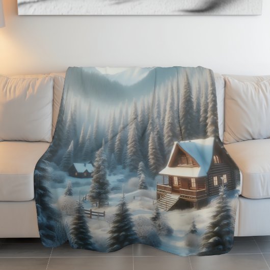 森の中の冬の小屋 フリースブランケット