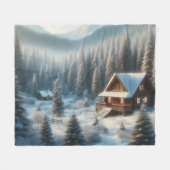 森の中の冬の小屋 フリースブランケット (正面(横))
