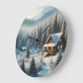 森の中の冬の小屋 ラージ壁時計 (傾斜)
