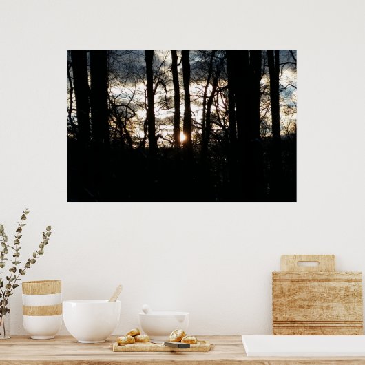 森の中の冬の日没 ポスター (キッチン)