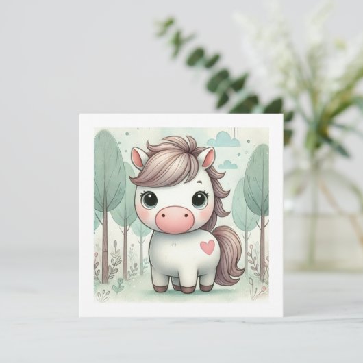森の中の可愛お洒落いポニーあいさつカード (スタンド正面)