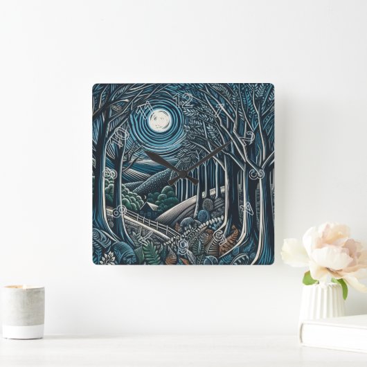 森の中の夜 スクエア壁時計 (ホーム)