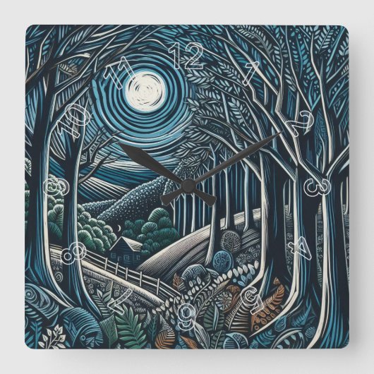 森の中の夜 スクエア壁時計 (正面)