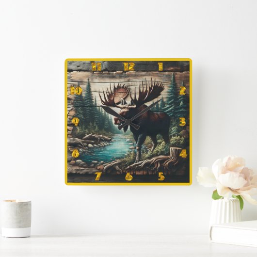 森の中の小川のそばに立つムース スクエア壁時計 (ホーム)