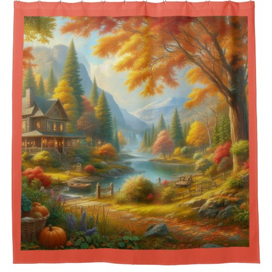 森の中の居心地の良いキャビン シャワーカーテン (正面)