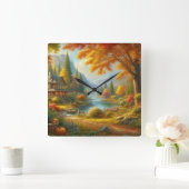 森の中の居心地の良いキャビン スクエア壁時計 (ホーム)