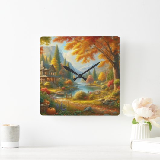 森の中の居心地の良いキャビン スクエア壁時計 (ホーム)