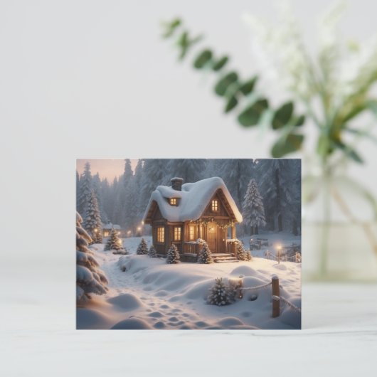 森の中の居心地の良い冬小屋 ポストカード (スタンド正面)