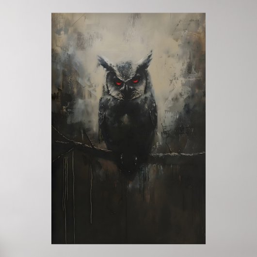 森の中の枝に止まる赤い目をした黒いフクロウ ポスター (正面)
