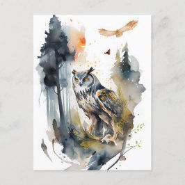 森の中の水色フクロウ ポストカード
