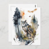 森の中の水色フクロウ ポストカード (正面/裏面)