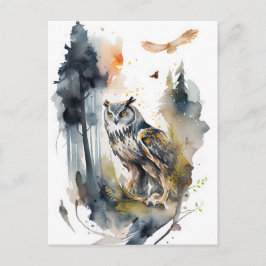 森の中の水色フクロウ ポストカード