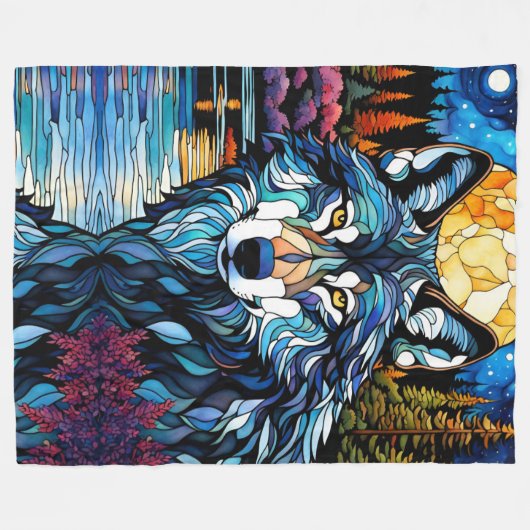 森の中の灰色の狼ステンドグラスの外観 フリースブランケット (正面(横))