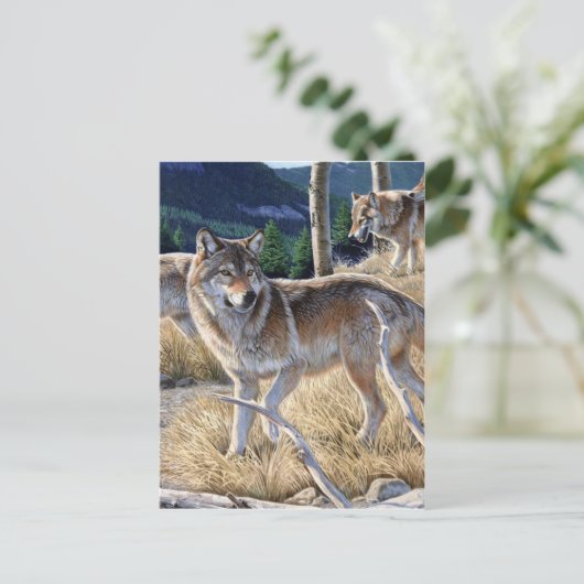 森の中の狼の絵画群れ ポストカード (スタンド正面)
