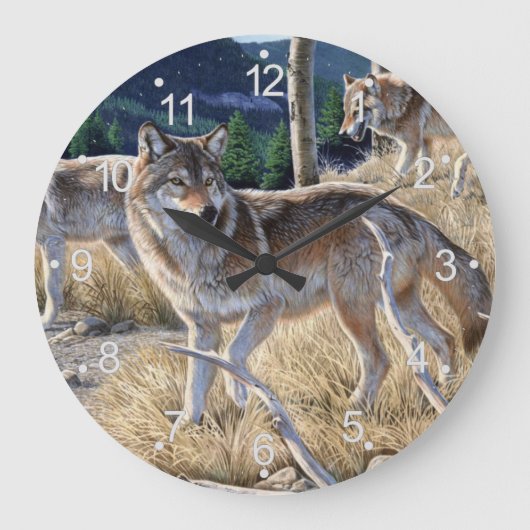 森の中の狼の絵画群れ ラージ壁時計 (正面)