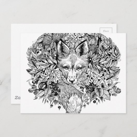 森の中の白黒の狐 ポストカード (正面/裏面)