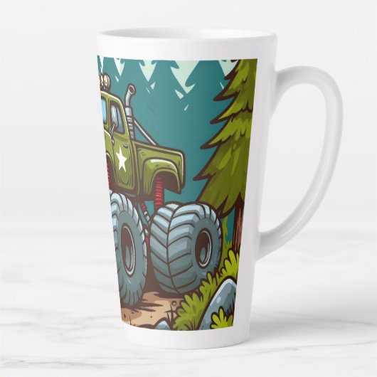 森の中の緑のモンスタートラック カフェラテマグ (右)
