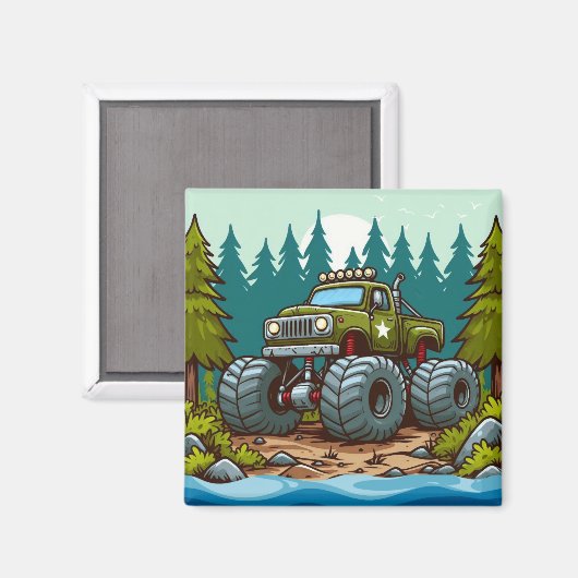 森の中の緑のモンスタートラック マグネット (正面/裏面)