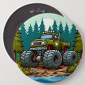 森の中の緑のモンスタートラック 缶バッジ (正面&裏面)