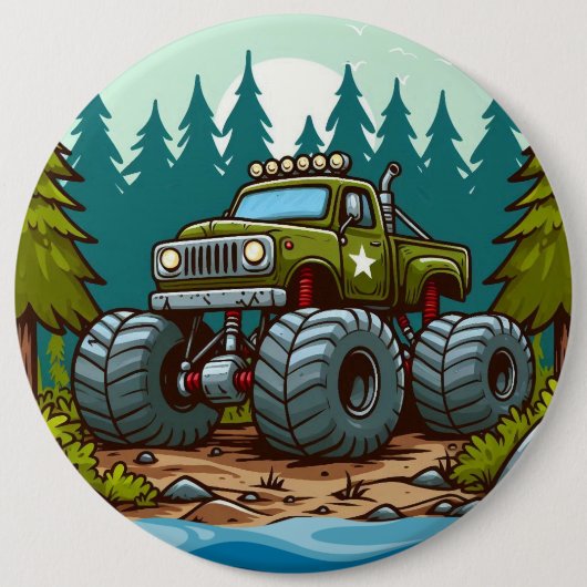 森の中の緑のモンスタートラック 缶バッジ (正面)