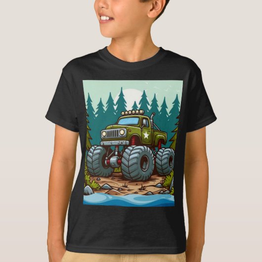 森の中の緑のモンスタートラック Tシャツ (正面)