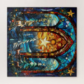 森の中の美しいステンドグラスの冬 ジグソーパズル (横)