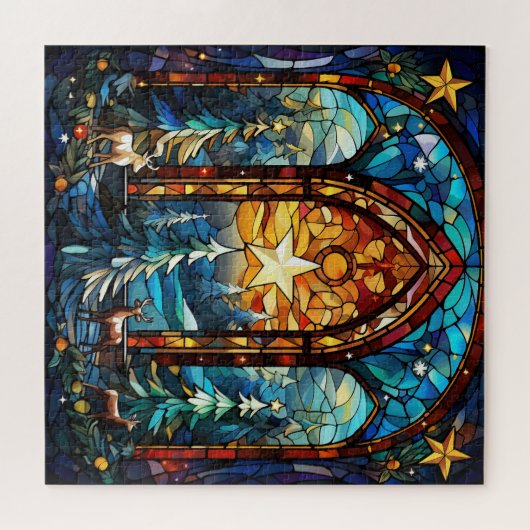 森の中の美しいステンドグラスの冬 ジグソーパズル (横)