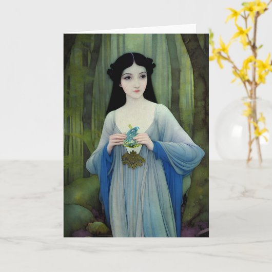 森の中の美しい女性のインクイラストレーション カード (黄色い花)