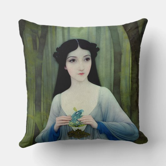 森の中の美しい女性のインクイラストレーション クッション (裏面)