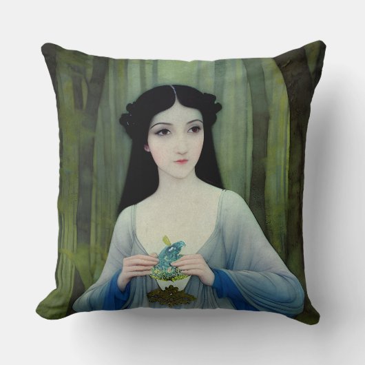 森の中の美しい女性のインクイラストレーション クッション (正面)