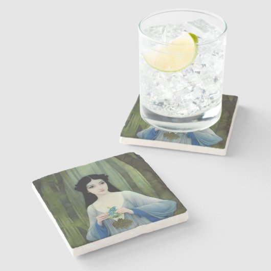 森の中の美しい女性のインクイラストレーション ストーンコースター (横)