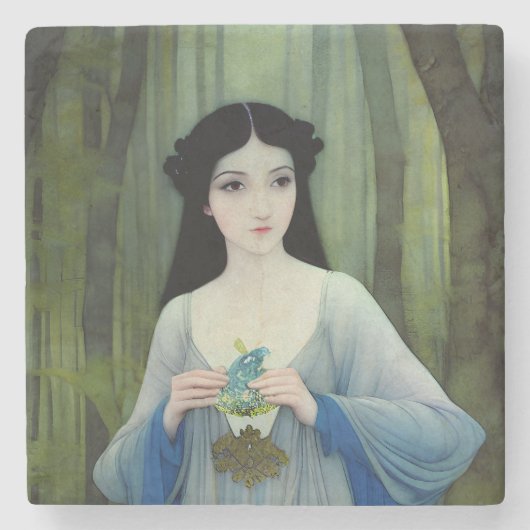 森の中の美しい女性のインクイラストレーション ストーンコースター (正面)