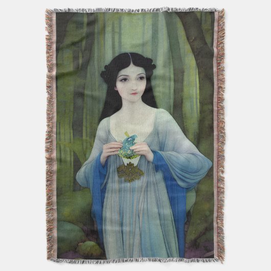 森の中の美しい女性のインクイラストレーション スローブランケット (正面縦)