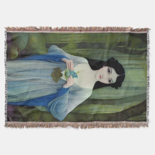 森の中の美しい女性のインクイラストレーション スローブランケット (正面)