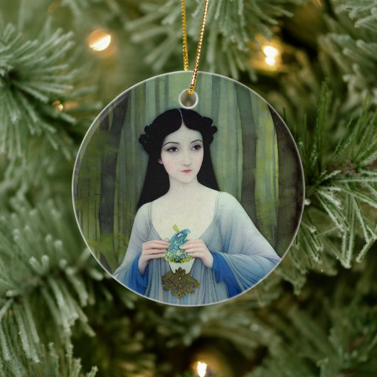 森の中の美しい女性のインクイラストレーション セラミックオーナメント (ツリー)