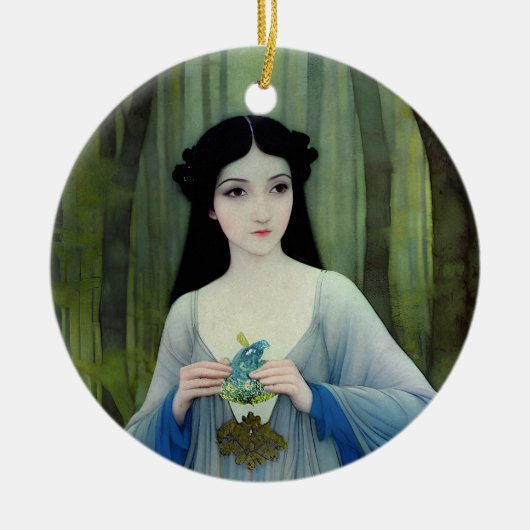 森の中の美しい女性のインクイラストレーション セラミックオーナメント (正面)