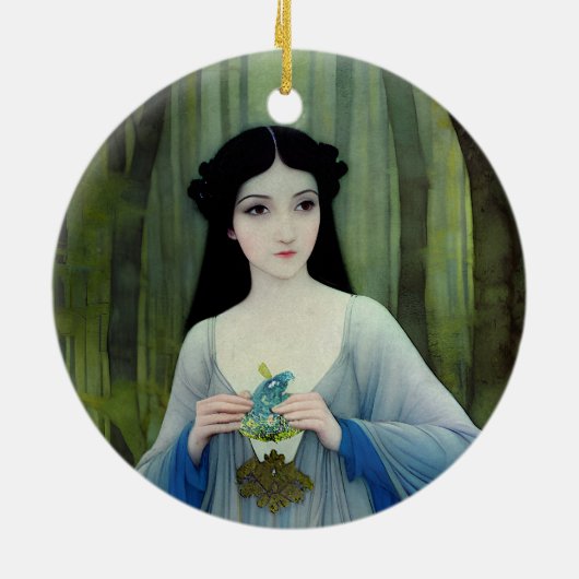 森の中の美しい女性のインクイラストレーション セラミックオーナメント (裏面)