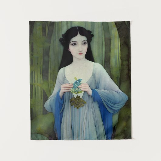 森の中の美しい女性のインクイラストレーション タペストリー (正面)