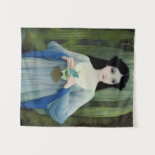 森の中の美しい女性のインクイラストレーション タペストリー (正面(横))