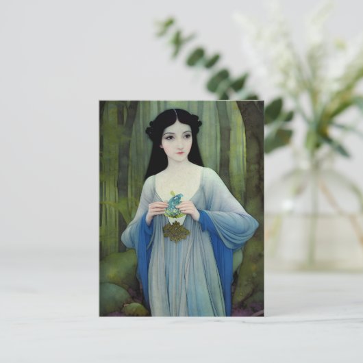 森の中の美しい女性のインクイラストレーション ポストカード (スタンド正面)